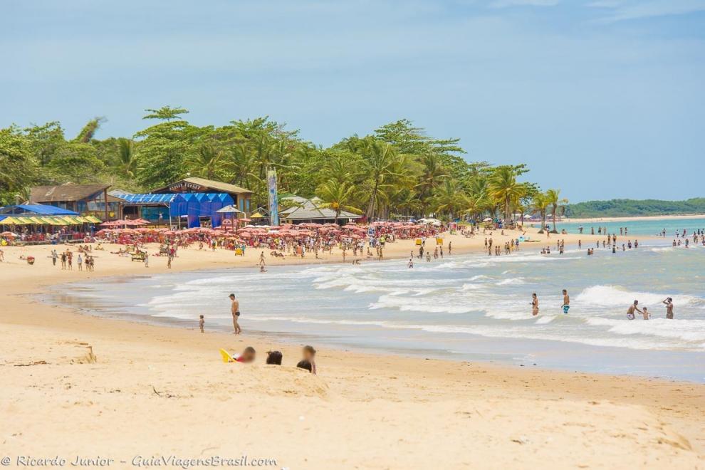 Imagem da Praia de Itacimirim repleta de turista com quiosques ao fundo e coqueiros.